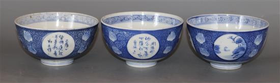 A set of three Chinese blue and white bowls, c.1910